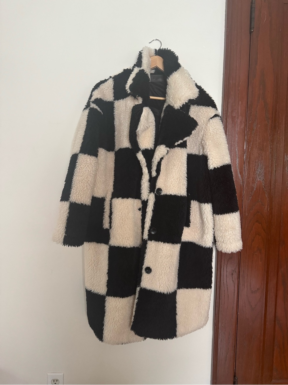 Checkerboard Faux Shearling Coat - Black & Cream